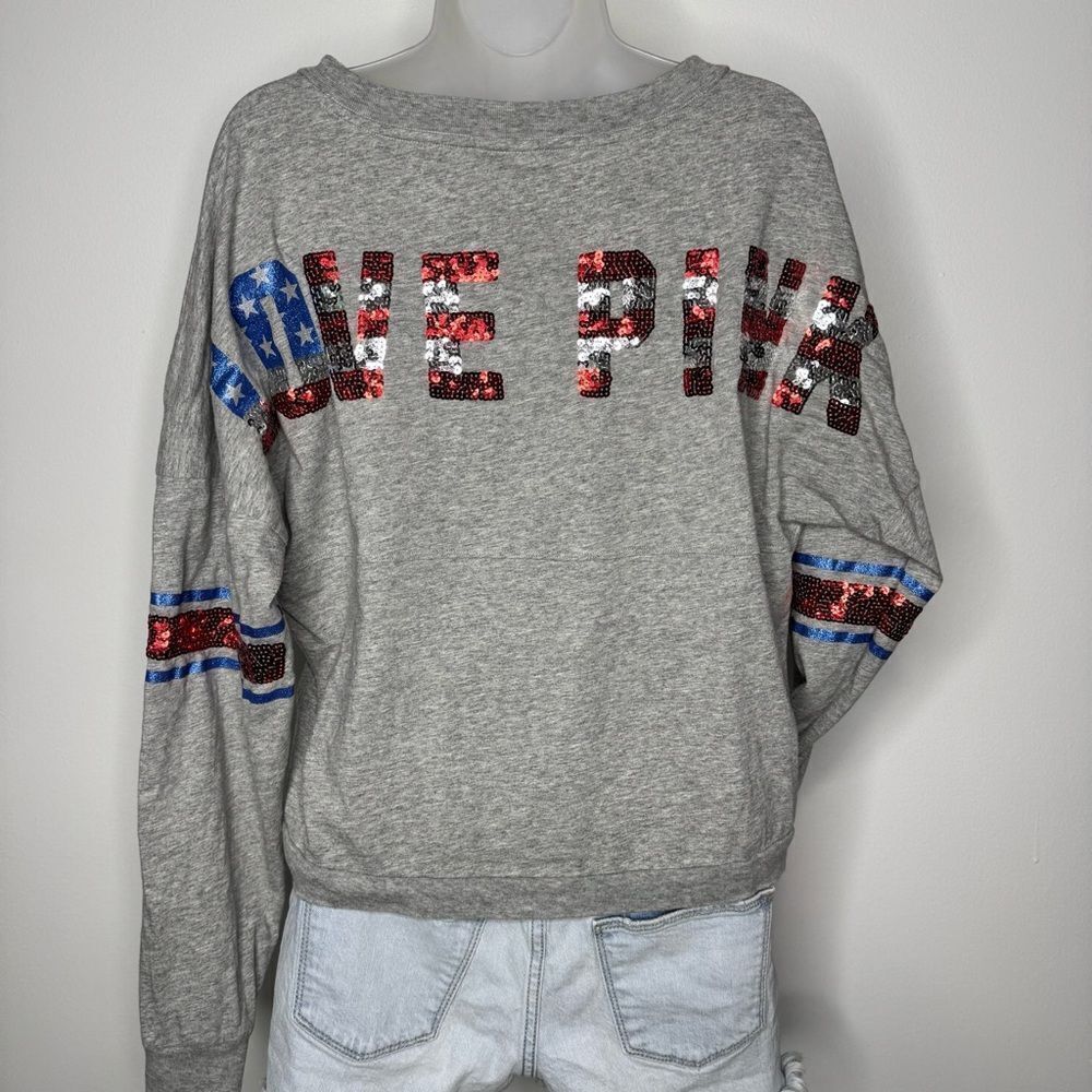 Victoria's Secret PINK “LOVE PINK” Sequin Patriotic Long-Sleeve Tee. Size Small - Picture 3 of 13
